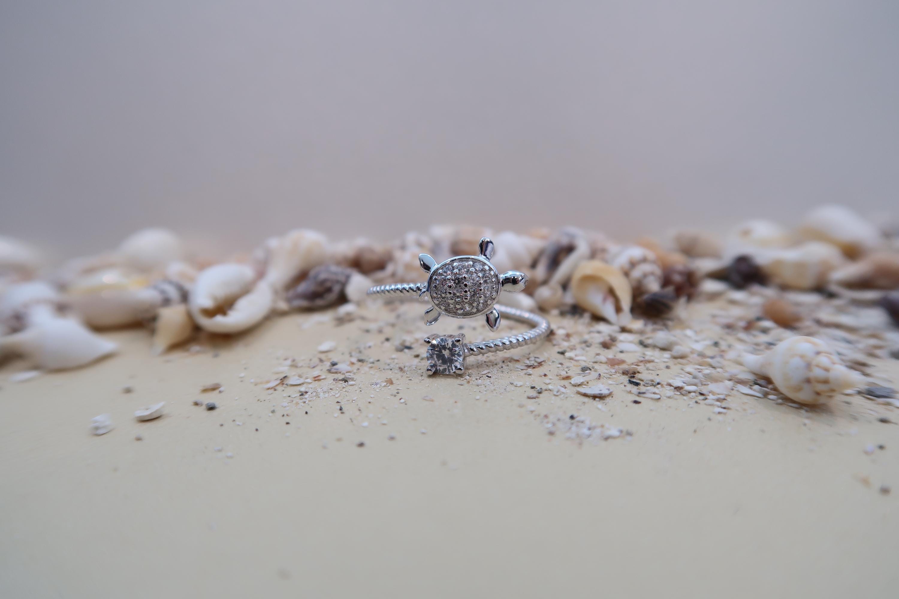 Turtle/honu Sterling Silver Adjustable Ring With Cubic Zirconias - Etsy
