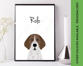 May include: A framed wall art print featuring a stylized illustration of a brown and white dog with the name Rolo printed in black text above the dog. The dog has large dark eyes, brown ears, and a white muzzle with small brown spots.
