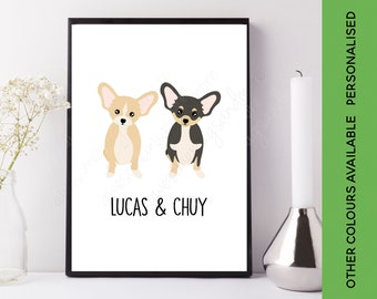 Personalised Chihuahua Print | Custom Dog Print |Three Chihuahua Picture | Custom Two Chihuahua Gift Wall Art Poster | Double Chihuahua Name