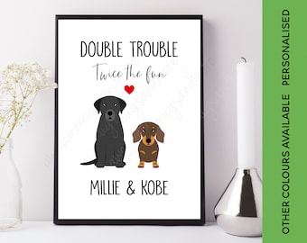 Custom Double Trouble Twice the Fun Print | Personalised Pet Gift | Custom Dog Duo Gift | Two Dog Print |  Frenchie Dachshund Chihuahua