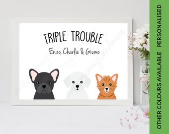 Triple Trouble Pet Print | Custom Gift | 3 Dog Wall Art | Personalised Pet Gift | Three Cat Dog Rabbit Peekaboo Head & Shoulders Picture