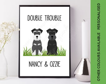 Double Trouble Schnauzer Print | Custom Dog Picture | Personalised Schnauzer Gift | Miniature Giant Schnauzer Wall Art Grey Black White Choc