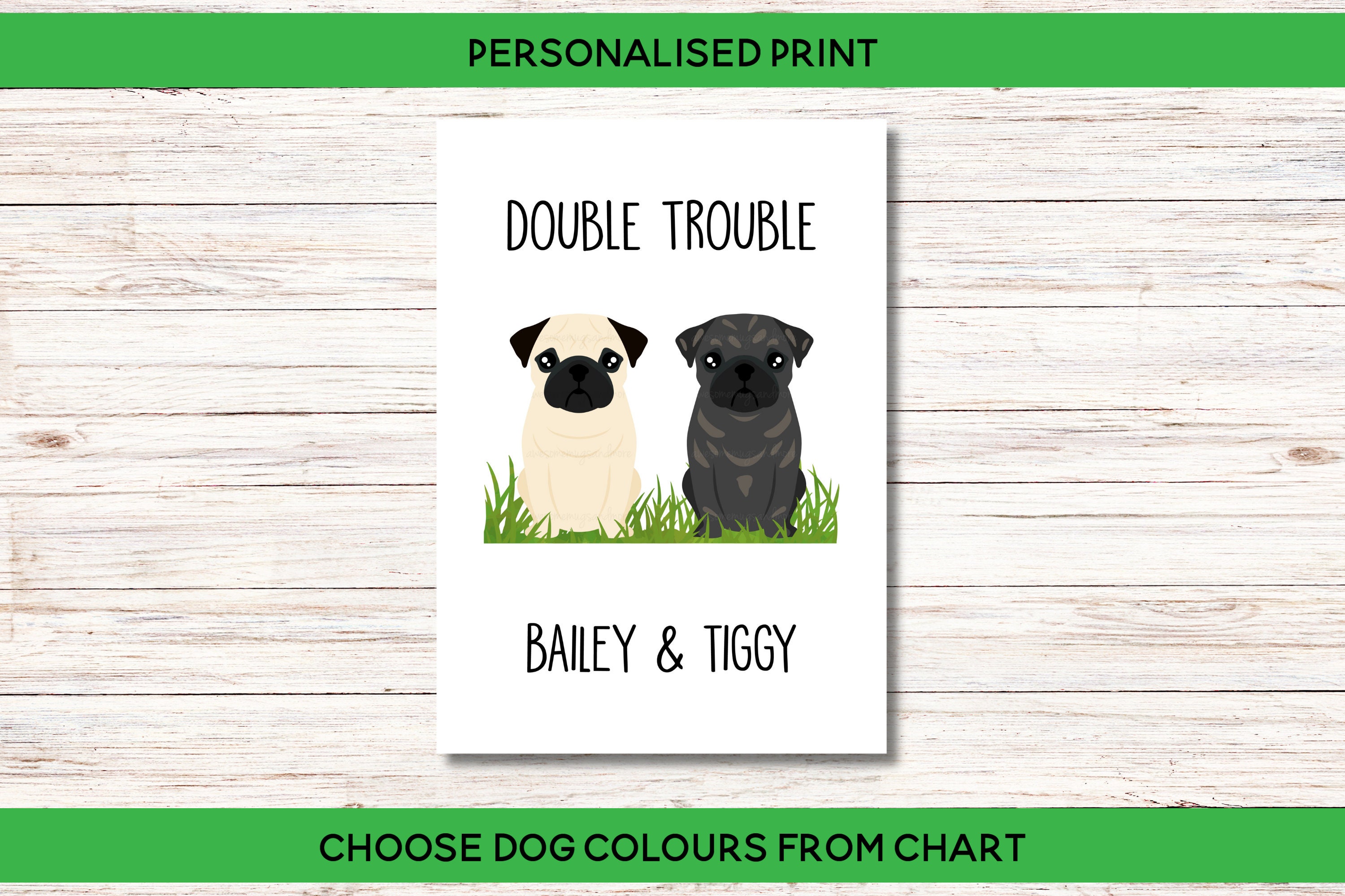 Personalised Pug Print Double Trouble Twice the Fun -  Portugal