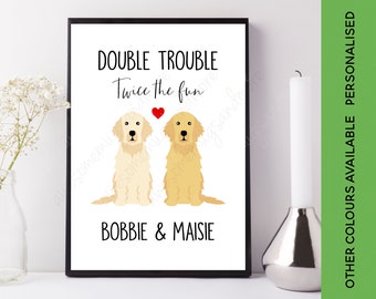 Double Trouble Twice the Fun Retriever Print | Custom two Dog Picture | Double retriever Gift | Personalised Two Golden Retriever Art Duo