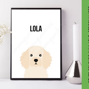 Może przedstawiać: Drukowana grafika artystyczna przedstawiająca kresk&oacute;wkową ilustrację psa z napisem "LOLA" w czarnym kolorze nad psem.