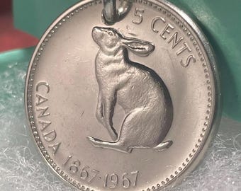 1967 Canadian Nickel Rabbit Keyring, 5 Cent Coin Canada Centennial Rabbit, lucky Hare 59th Birthday