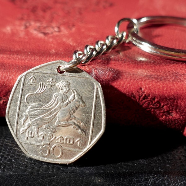 Abduction of Europa Keyring, Made with Genuine 50 Cent Coins of Cyprus dated 1981, 1991, 1996 & 2002, Great Birthday Gifts