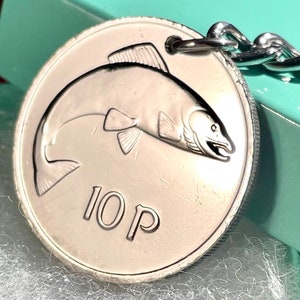 Irish 10 Pence Keyrings, Genuine Ireland 10 Pence 1969 – 1985 Larger Style Jumping Salmon, Eire