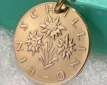 1966 Österreichische 1 Schilling Münze Schlüsselanhänger, Vintage Edelweiß Blumen, 60er Geburtstag Geschenk