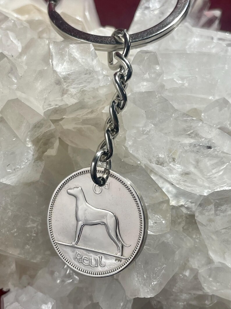 Puede incluir: Llavero plateado con un colgante redondo con la silueta de un perro. El colgante est&aacute; unido a una cadena y un llavero plateados. La palabra "Reul" est&aacute; inscrita en el colgante. El fondo es una superficie clara y texturizada.