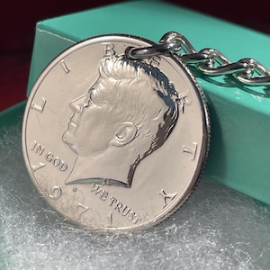 Kennedy Half Dollar Keyring, Made with Genuine 1971 & 1973 USA coins, Keepsake Present, Vintage Collectable, 52nd and 54th Birthday Gifts