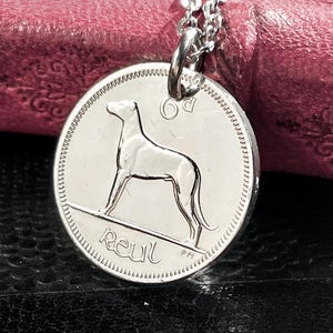 Puede incluir: Collar con colgante plateado que presenta una moneda con una imagen detallada de un perro. La moneda tiene un borde texturizado y la palabra "Reul" est&aacute; inscrita debajo del perro. El colgante cuelga de una delicada cadena plateada.