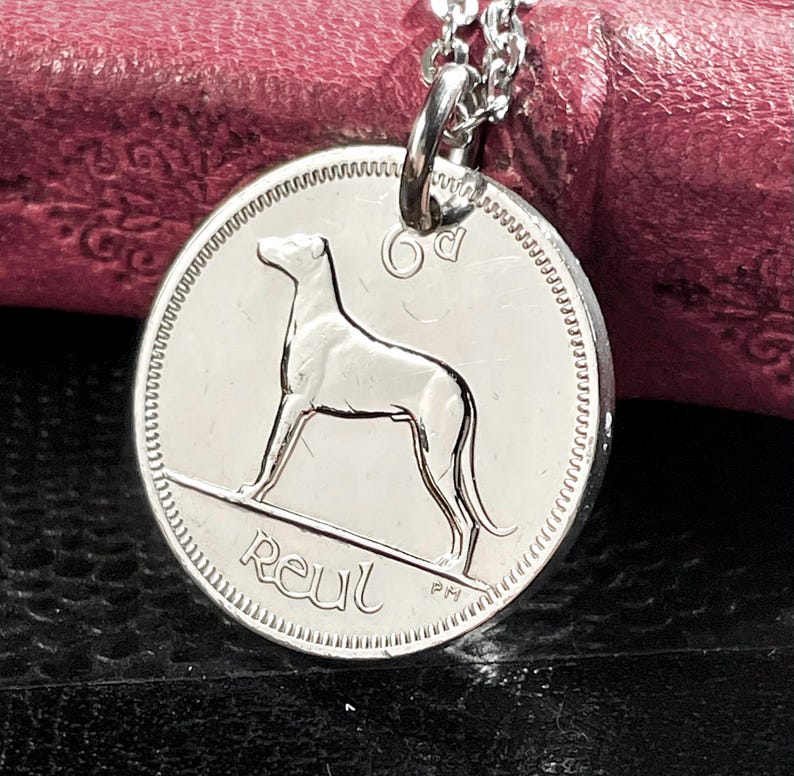 Puede incluir: Collar con colgante plateado que presenta una moneda con una imagen detallada de un perro. La moneda tiene un borde texturizado y la palabra "Reul" est&aacute; inscrita debajo del perro. El colgante cuelga de una delicada cadena plateada.