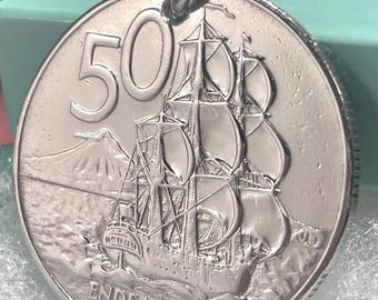 1986 Neuseeland 50 Cent Schlüsselanhänger, 40.Geburtstag Geschenk, HMS Endeavor Schiff Schlüsselanhänger