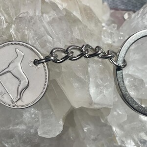 Puede incluir: Llavero plateado con una moneda que presenta la silueta de un perro y la palabra "Reut". El llavero incluye un eslab&oacute;n de cadena y un llavero redondo. El fondo es una superficie cristalina clara.