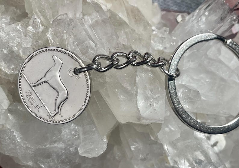 Puede incluir: Llavero plateado con una moneda que presenta la silueta de un perro y la palabra "Reut". El llavero incluye un eslab&oacute;n de cadena y un llavero redondo. El fondo es una superficie cristalina clara.