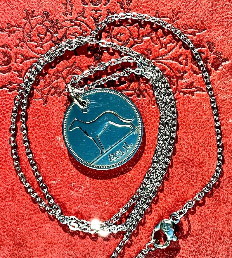 Puede incluir: Collar plateado con un colgante circular que representa un galgo y la palabra "ROUL". El colgante cuelga de una fina cadena con un cierre de mosquet&oacute;n. El collar se muestra sobre una superficie roja texturizada.