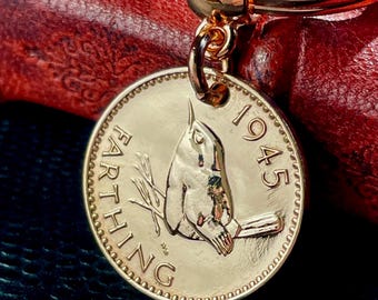 Porte-clés et colliers Farthing troglodyte britannique, fabriqués avec de véritables pièces de monnaie, 1937-1956, excellents cadeaux d'anniversaire pour les grands-mères et les grands-pères