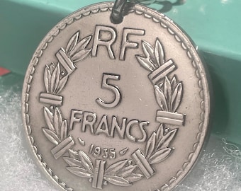 1935 französischer 5 Francs Schlüsselanhänger, 91. Geburtstagsgeschenk, Art Deco Frankreich, Republique Francaise Memento