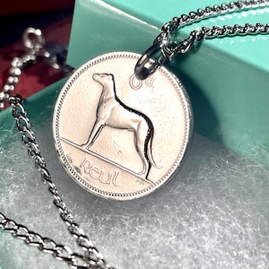 Puede incluir: Collar con colgante plateado con una moneda que representa un perro. La moneda est&aacute; unida a una cadena fina. Se muestra sobre una superficie azul claro.