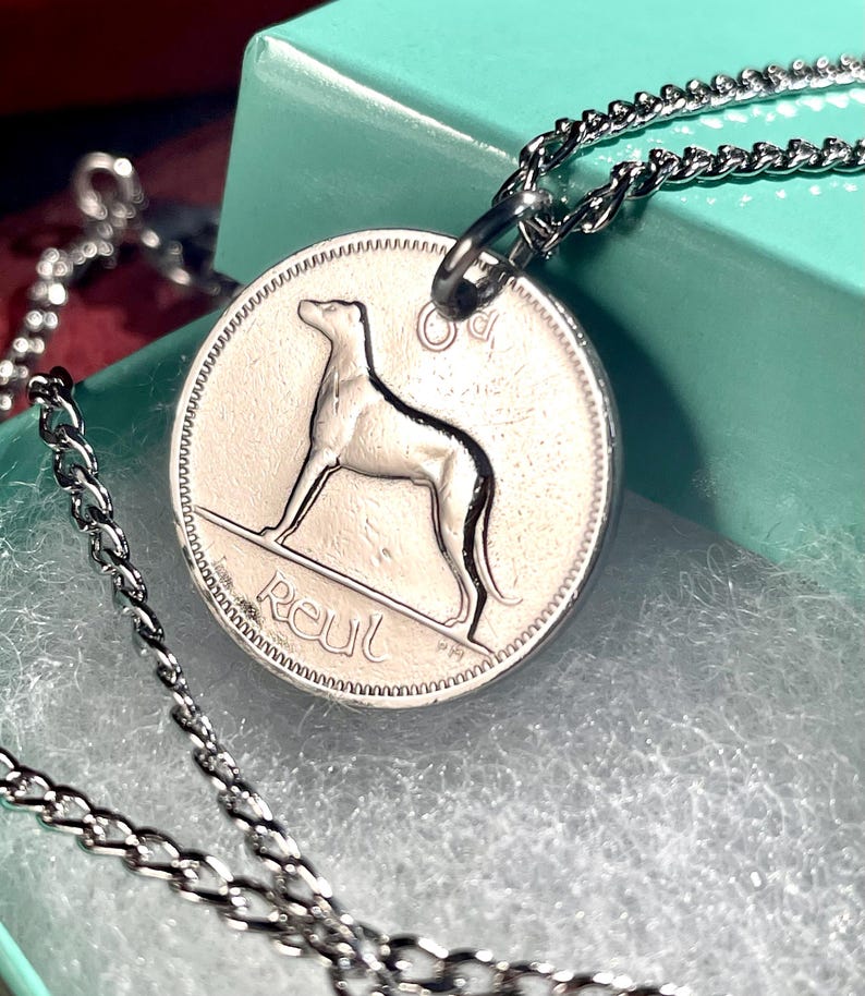 Puede incluir: Collar con colgante plateado con una moneda que representa un perro. La moneda est&aacute; unida a una cadena fina. Se muestra sobre una superficie azul claro.