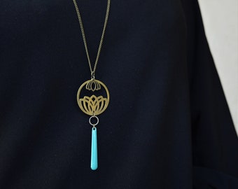 Lotus flower necklace - boho long necklace - turquoise blue enamelled sequin - gift idea