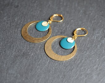 Boucles d'oreilles bleues et dorées - sequin émaillé rond  - idée cadeau