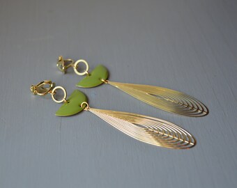 Clip earrings - olive green and gold - boho chic - gift idea