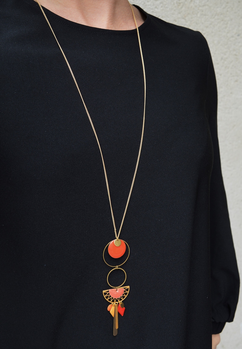brass and gold metal boho style necklace Orange-enamelled sequins