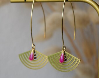 Boucles d'oreilles éventail doré goutte violette - acier inoxydable - chic et original - idée cadeau