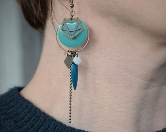 Bohemian earrings blue • white & metal bronze color
