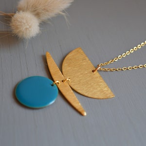 Mid-length duck blue and gold necklace - modern and graphic - gift idea