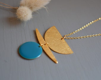 Mid-length duck blue and gold necklace - modern and graphic - gift idea