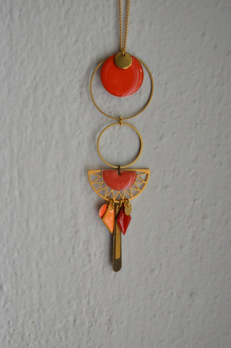 brass and gold metal boho style necklace Orange-enamelled sequins