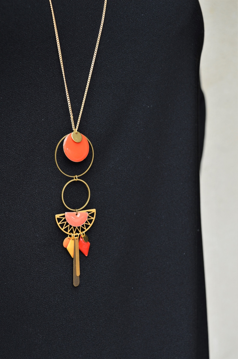 brass and gold metal boho style necklace Orange-enamelled sequins