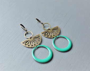 boucles d'oreilles bohème turquoise et métal couleur bronze - sequin émaillé