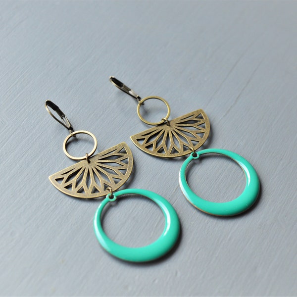 boucles d'oreilles bohème turquoise et métal couleur bronze - sequin émaillé