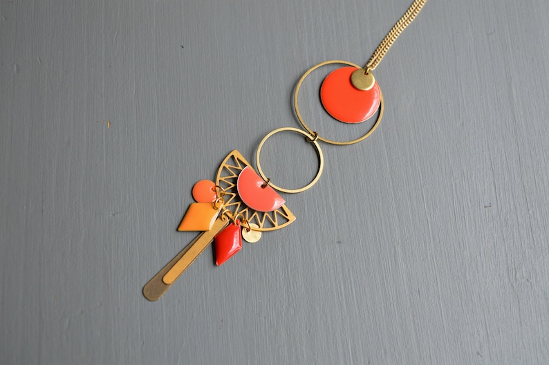 brass and gold metal boho style necklace Orange-enamelled sequins