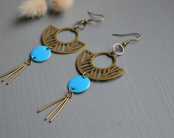 Boucles d'oreilles original style ethnique sequin émaillé bleu - longues et légères