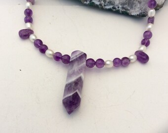 Genuine amethyst stone pearl necklace -  chevron pendant - sterling silver clasp