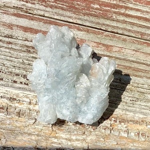 Pu&ograve; includere: Un gruppo di cristalli di celestite blu chiaro su una superficie di legno invecchiato.