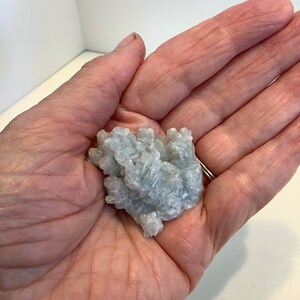 Pu&ograve; includere: Un ammasso di piccoli cristalli bianchi e blu chiaro in una mano. I cristalli sono raggruppati in una forma grezza e organica.