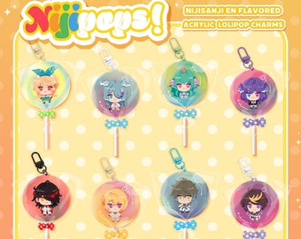 May include: A set of 10 colorful lollipop charms featuring characters from the Nijisanji EN group. Each charm is made of acrylic and features a different character with a unique design. The charms are attached to a lollipop stick and come in a variety of colors.