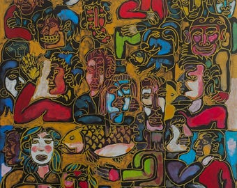 Print van een gouache schilderij op canvas: Kleurrijke, moderne kunst (20 x 20 cm)