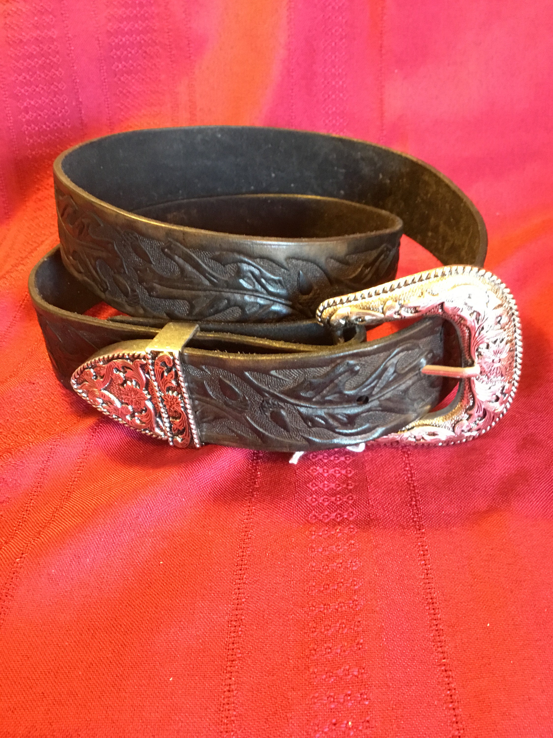 Black Embossed Leather Belt Buckle With Accents, Country Western