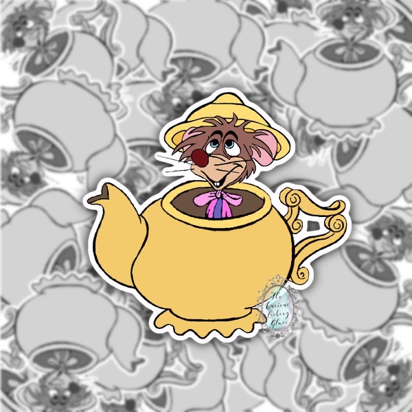 Alice in Wonderland Dormouse in Teapot Unbirthday Tea party sticker decal 2.86” T x 3” W