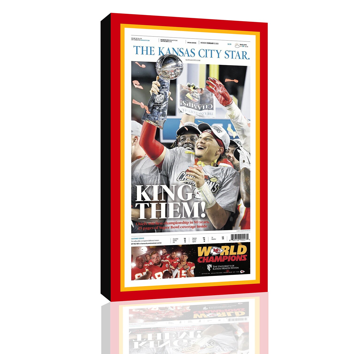 Super Bowl LIV Kansas City Chiefs newspaper cover Front page canvas print-Super bowl Champions!!! ) 12x20 size ready to hang Canvas Art