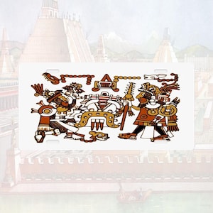 May include: A rectangular white number plate featuring a detailed illustration in shades of brown, orange, and black. The design depicts two figures in traditional attire facing each other, surrounded by intricate symbols and geometric patterns.