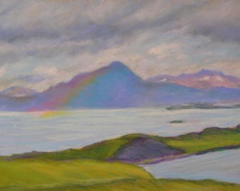 ORIGINAL ICELAND PAINTING of Rainbow over Lake Myvatn Landscape 8.5 x 11.5 pastel by Sharon Weiss