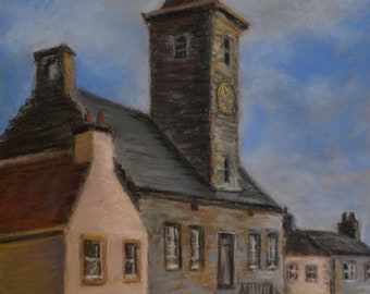 SCOTLAND PAINTING CULROSS Clock Tower vertical painting 11.5 x 8.5 by Sharon Weiss.  Click to see whole image.